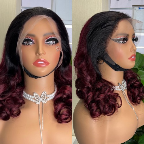 #1b/99j Double Drawn Bouncy Curl 13x4 Transparent Lace Full Frontal 300% Density Wig | Human Hair Wig | Lace Front